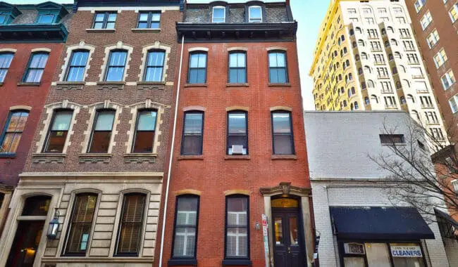 Exterior view of townhome on Spruce Street in Rittenhouse Square in Philadelphia, PA