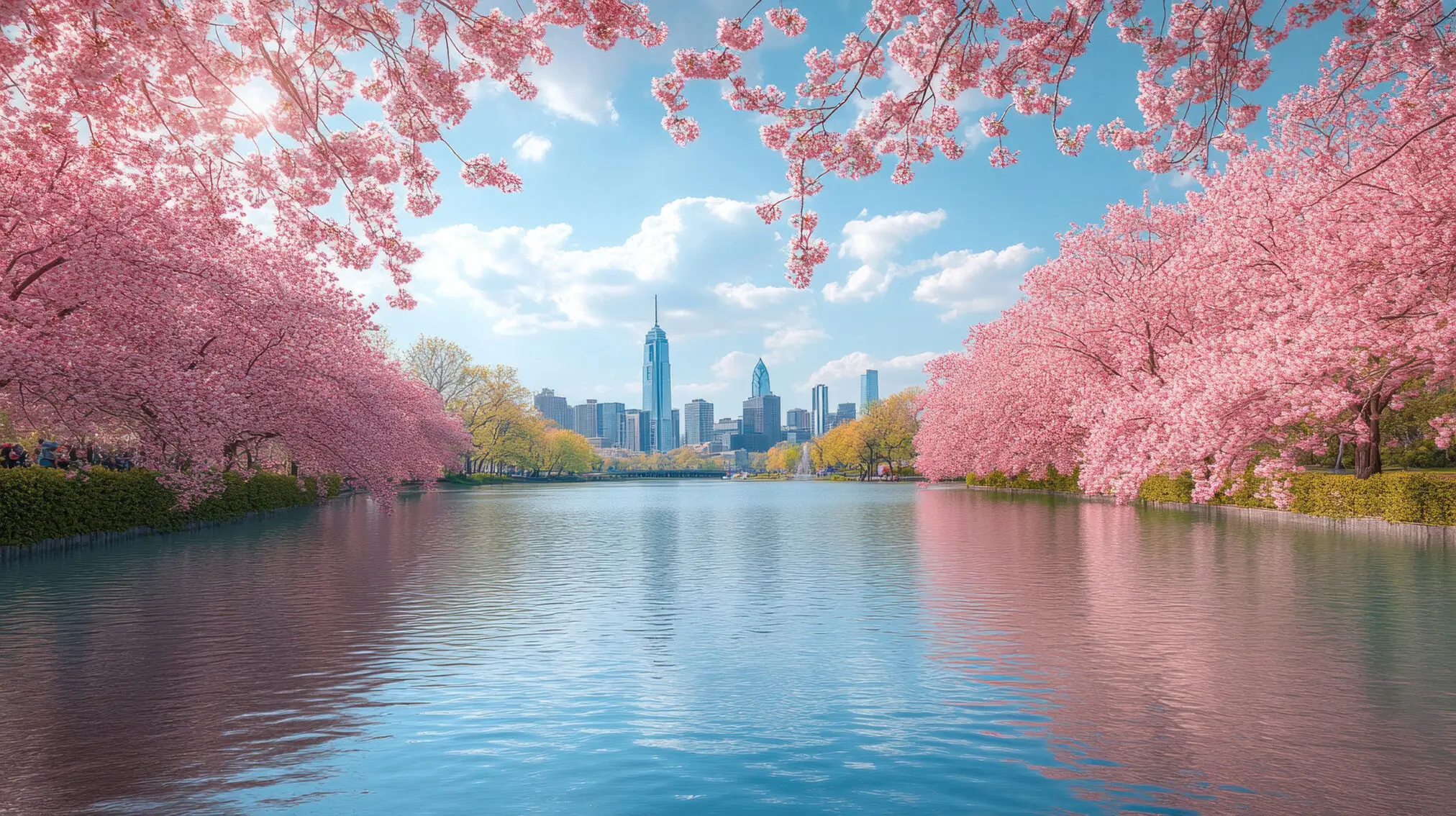 Philadelphia skyline framed by cherry blossoms in bloom during spring