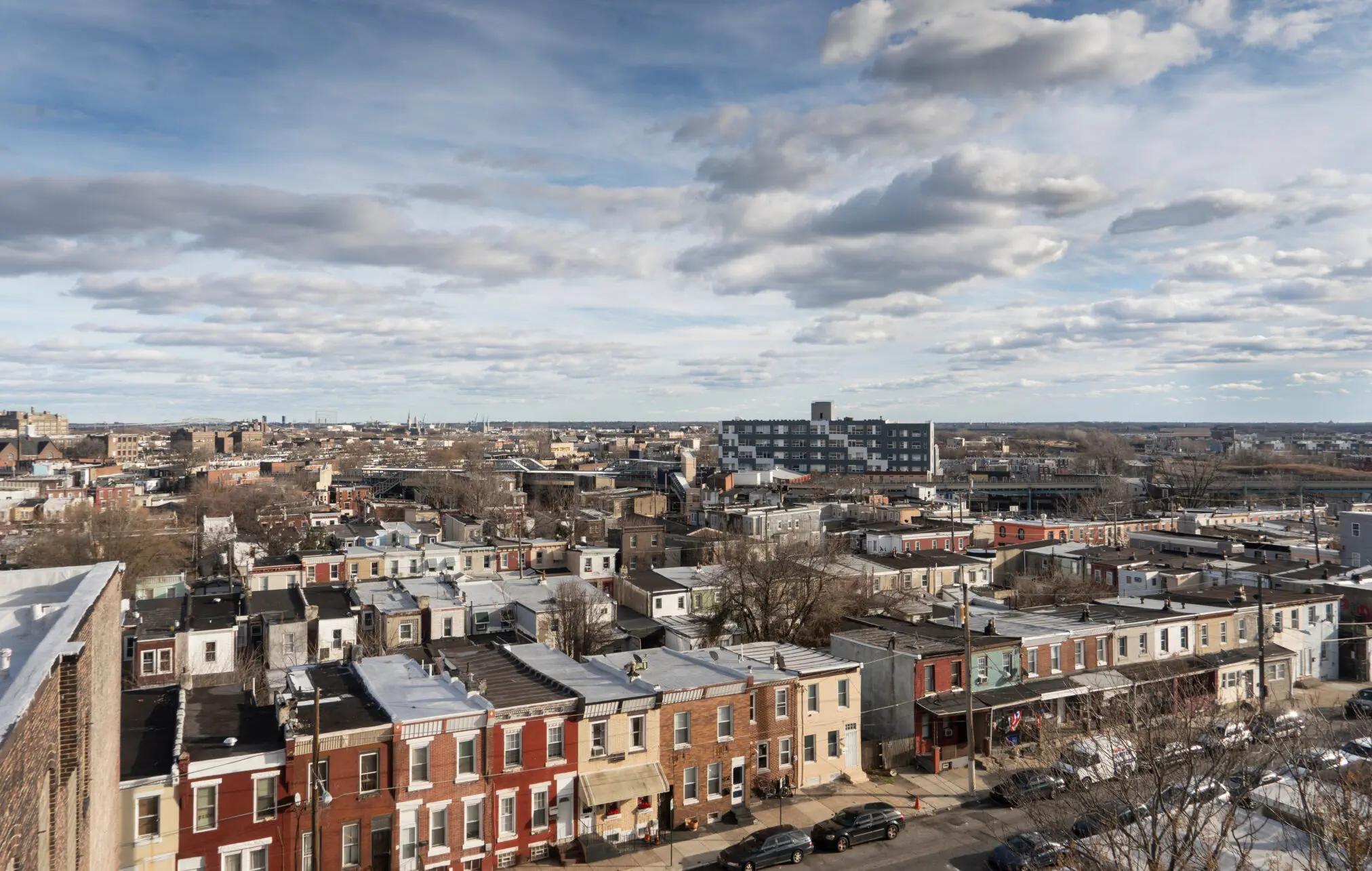 Homes and skyline looking from above in northern Philadelphia Kennsington. East Kensington Philadelphia