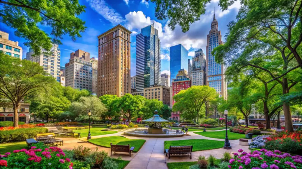 Vibrant Rittenhouse Square Park in Philadelphia Surrounded by Skyscrapers and Lush Greenery