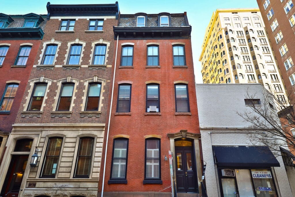 Exterior view of townhome on Spruce Street in Rittenhouse Square in Philadelphia, PA